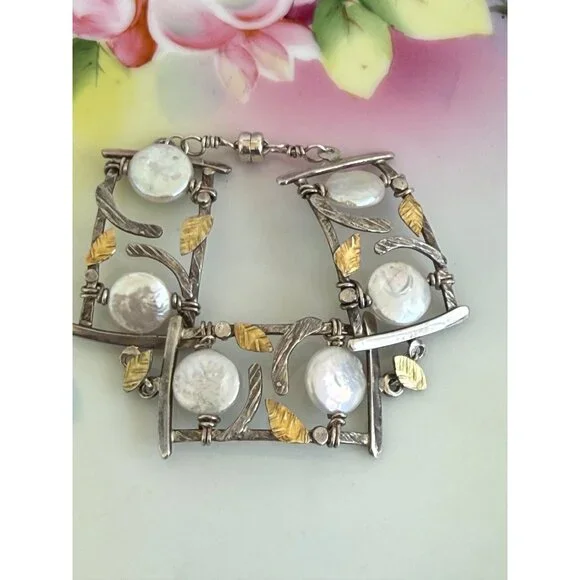 Vintage 90s Modernist Donna Burdic Bracelet Coin Pearls Sterling Gold Leaves